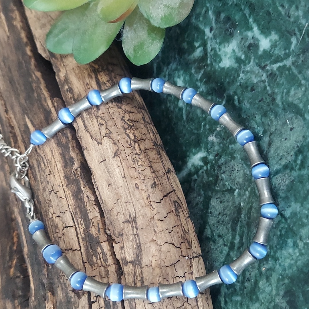 B901 Unisex Blue Industrial Pewter Silver Cats Eye Beaded Bracelet